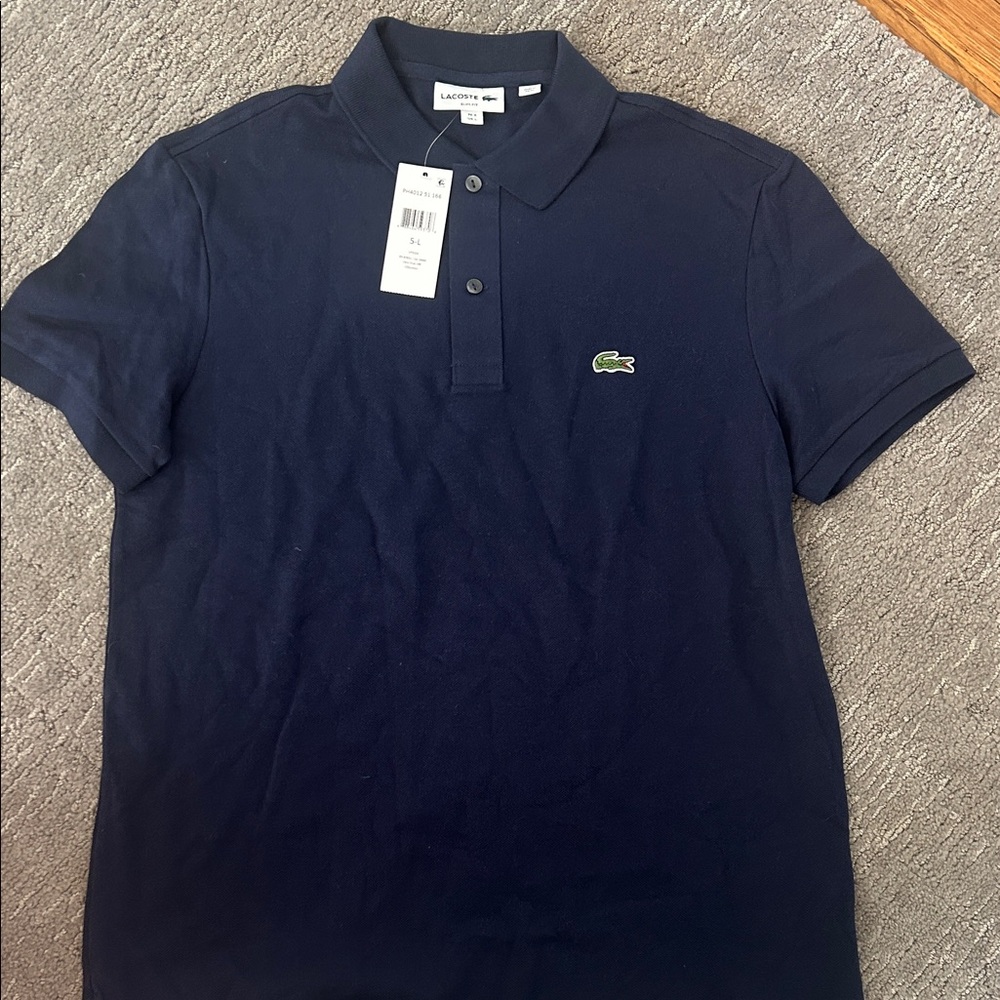 Lacoste Men's Navy Short-Sleeve Piqué Polo with Green Crocodile Logo